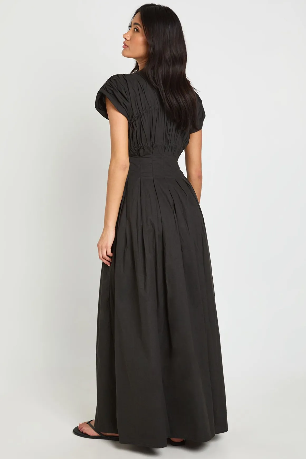 Robe Longue En Popeline De Coton Avec Détail Froncé Et Liens À La Taille