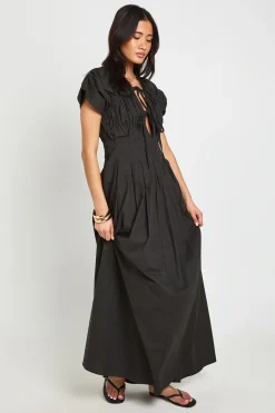 Robe Longue En Popeline De Coton Avec Détail Froncé Et Liens À La Taille