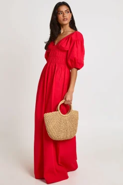 Robe Longue En Popeline De Coton À Corsage Froncé Col En V Et Manches Bouffantes