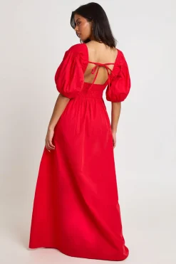 Robe Longue En Popeline De Coton À Corsage Froncé Col En V Et Manches Bouffantes