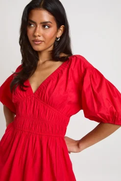 Robe Longue En Popeline De Coton À Corsage Froncé Col En V Et Manches Bouffantes