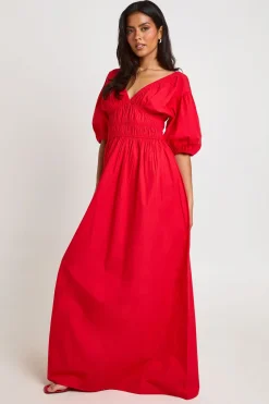 Robe Longue En Popeline De Coton À Corsage Froncé Col En V Et Manches Bouffantes