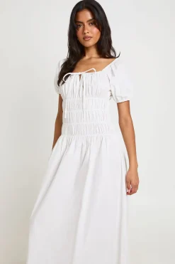 boohoo Robe Longue En Popeline De Coton À Corsage Froncé Et Manches Bouffantes<Femme Robes Patineuses|Robes