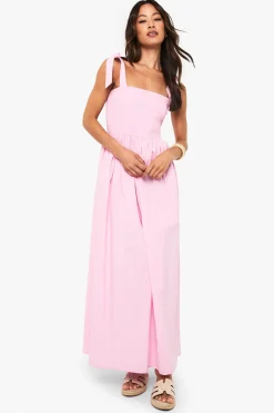 boohoo Robe Longue En Popeline Froncée Avec Bretelles Nouées Coupe Tall<Femme Robes|Robes De Jour