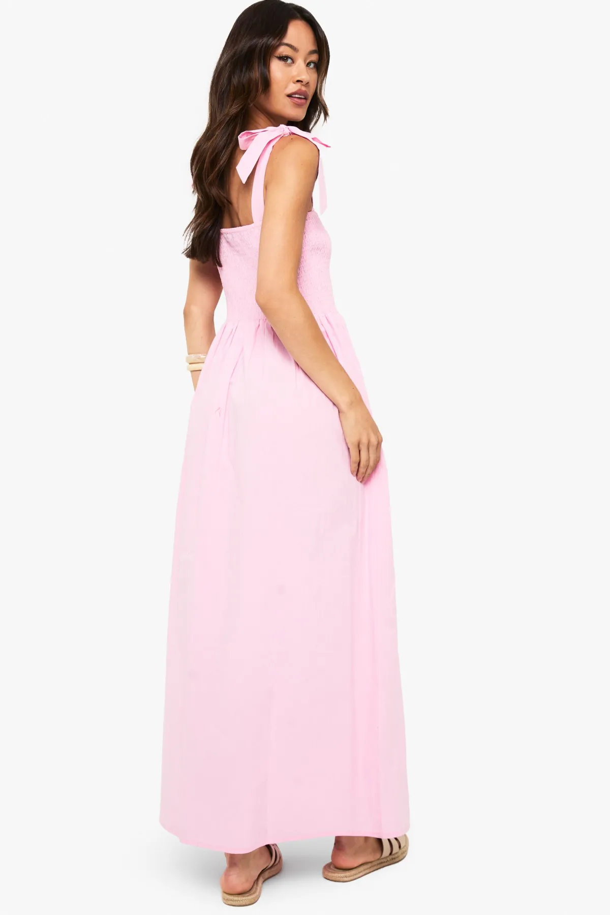 boohoo Robe Longue En Popeline Froncée Avec Bretelles Nouées Coupe Tall<Femme Robes|Robes De Jour