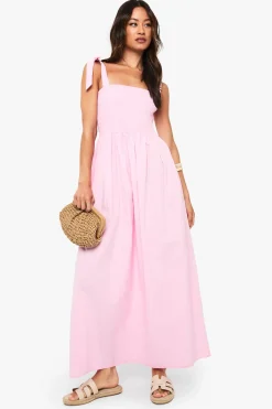 boohoo Robe Longue En Popeline Froncée Avec Bretelles Nouées Coupe Tall<Femme Robes|Robes De Jour