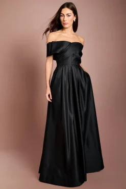 Robe Longue En Satin Bardot À Détails Origami