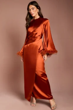 Coast Robe Longue En Satin À Bordure De Plumes<Femme Satin Et Dentelle|Robes À Manches Longues