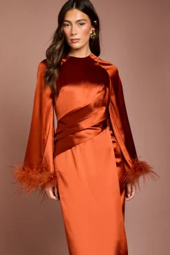 Coast Robe Longue En Satin À Bordure De Plumes<Femme Satin Et Dentelle|Robes À Manches Longues