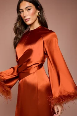 Coast Robe Longue En Satin À Bordure De Plumes<Femme Satin Et Dentelle|Robes À Manches Longues