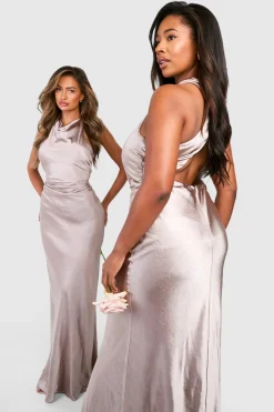 Robe longue en satin à col haut pour demoiselles d'honneur