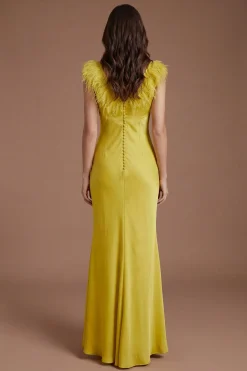 Robe Longue En Satin Col V Avec Détail D'épaules À Plumes