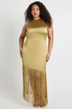 Robe Longue En Satin À Dos Drapé Avec Pompons Grande Taille