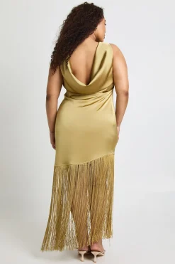Robe Longue En Satin À Dos Drapé Avec Pompons Grande Taille