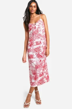 Robe longue en satin à imprimé porcelaine, fines bretelles, mi-longue ajustée