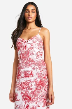 Robe longue en satin à imprimé porcelaine, fines bretelles, mi-longue ajustée