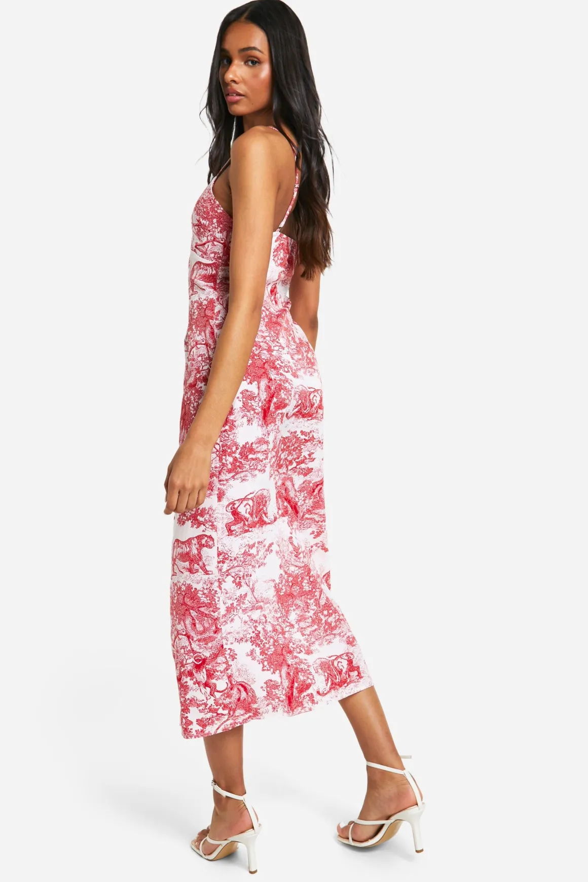 Robe longue en satin à imprimé porcelaine, fines bretelles, mi-longue ajustée