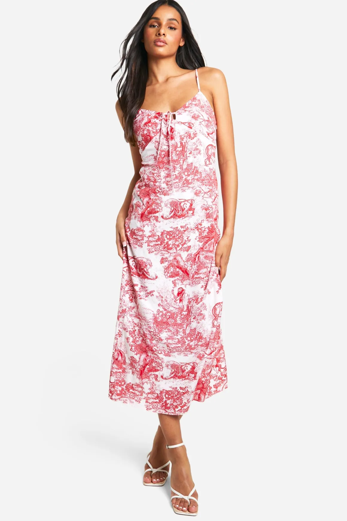 Robe longue en satin à imprimé porcelaine, fines bretelles, mi-longue ajustée