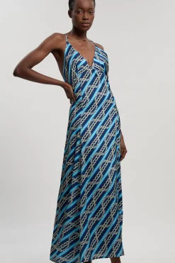KarenMillen Robe Longue En Satin Martelé À Imprimé Chaîne Avec Décolleté Plongeant Et Bretelles Entrecroisées<Femme Satin Et Dentelle|Robes Bal De Promo