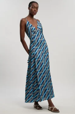 KarenMillen Robe Longue En Satin Martelé À Imprimé Chaîne Avec Décolleté Plongeant Et Bretelles Entrecroisées<Femme Satin Et Dentelle|Robes Bal De Promo