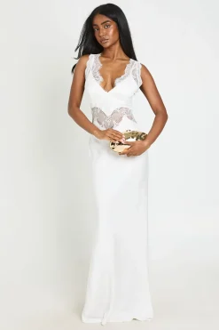 Robe Longue En Satin Texturé Froissé Et Dentelle