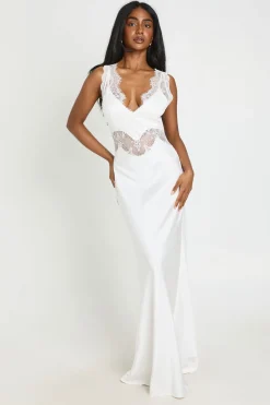 Robe Longue En Satin Texturé Froissé Et Dentelle