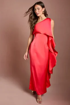 Robe Longue En Satin À Une Épaule Effet Cascade