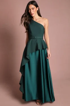 Robe Longue En Satin À Une Épaule Avec Détail De Volants