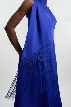 Robe Longue En Satin Viscose Sans Manches À Col Bénitier Drapé Tissé