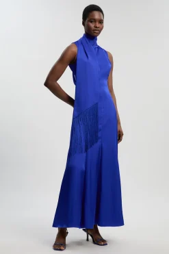 Robe Longue En Satin Viscose Sans Manches À Col Bénitier Drapé Tissé