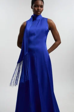 Robe Longue En Satin Viscose Sans Manches À Col Bénitier Drapé Tissé