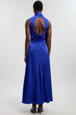 Robe Longue En Satin Viscose Sans Manches À Col Bénitier Drapé Tissé