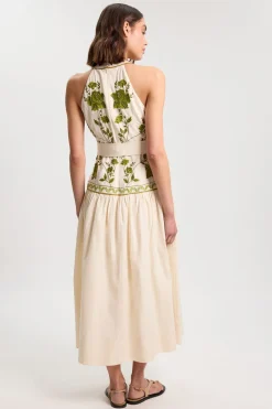 Robe Longue En Sergé De Coton Tissé Brodée De Petites Roses