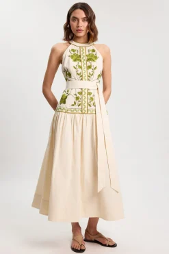 Robe Longue En Sergé De Coton Tissé Brodée De Petites Roses