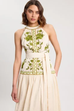 Robe Longue En Sergé De Coton Tissé Brodée De Petites Roses
