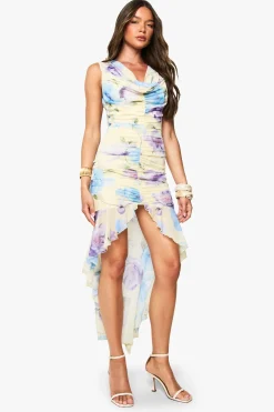 boohoo Robe Longue En Tulle Fleuri Froncé<Femme Robes|Robes Longues