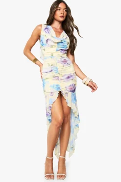 boohoo Robe Longue En Tulle Fleuri Froncé<Femme Robes|Robes Longues