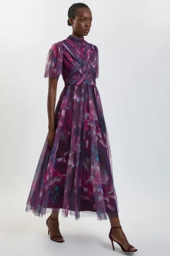 KarenMillen Robe Longue En Tulle À Motif Floral Flou Avec Détail Croisé<Femme Toutes Les Robes|Robes Longues