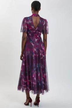 KarenMillen Robe Longue En Tulle À Motif Floral Flou Avec Détail Croisé<Femme Toutes Les Robes|Robes Longues