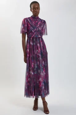 KarenMillen Robe Longue En Tulle À Motif Floral Flou Avec Détail Croisé<Femme Toutes Les Robes|Robes Longues