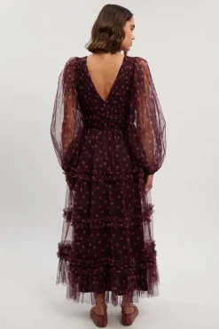 Robe Longue en Tulle à Pois avec Décolleté Plongeant et Manches Bouffantes