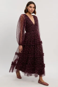Robe Longue en Tulle à Pois avec Décolleté Plongeant et Manches Bouffantes