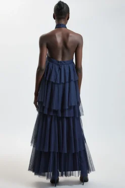 KarenMillen Robe Longue En Tulle Superposé Avec Encolure Américaine<Femme Robes|Robes De Soirée Chic