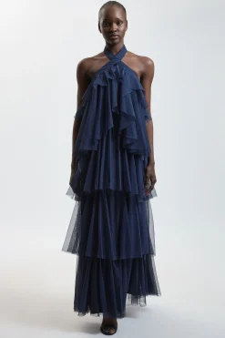 KarenMillen Robe Longue En Tulle Superposé Avec Encolure Américaine<Femme Robes|Robes De Soirée Chic