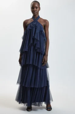 KarenMillen Robe Longue En Tulle Superposé Avec Encolure Américaine<Femme Robes|Robes De Soirée Chic