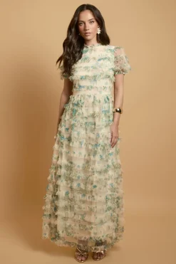 Robe Longue En Tulle À Volants Imprimé Fleurs Traînantes