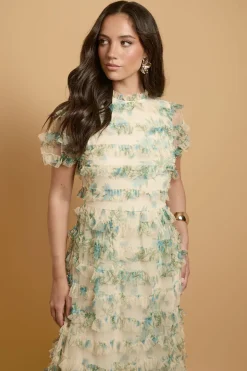 Robe Longue En Tulle À Volants Imprimé Fleurs Traînantes