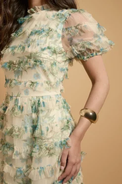 Robe Longue En Tulle À Volants Imprimé Fleurs Traînantes