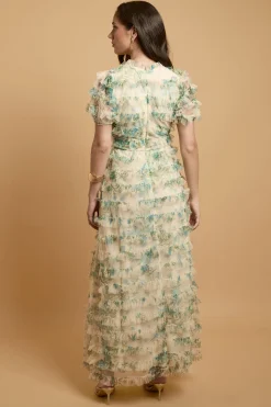Robe Longue En Tulle À Volants Imprimé Fleurs Traînantes