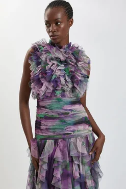 Robe Longue En Tulle À Volants Motif Floral Flou